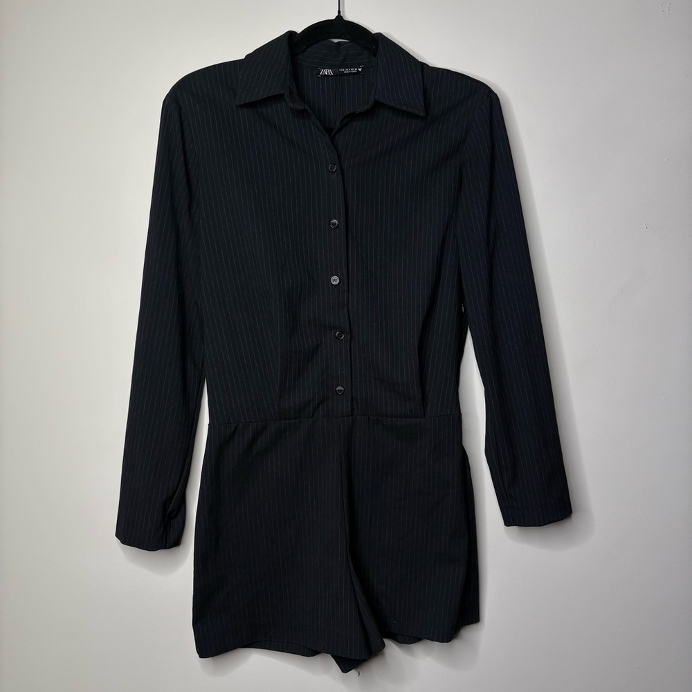 Zara Black Pinstriped Short Jumpsuit Romper Business Casual - Picture 4 of 7